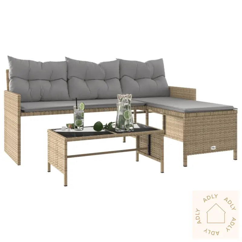 Hagesofa Med Bord Og Puter L-Formet Blandet Beige Polyrotting