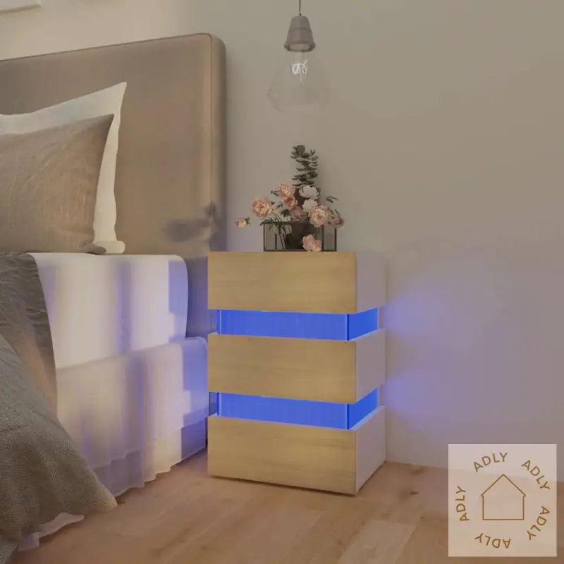 Led-Nattbord Hvit Og Sonoma Eik 45X35X67 Cm Konstruert Tre