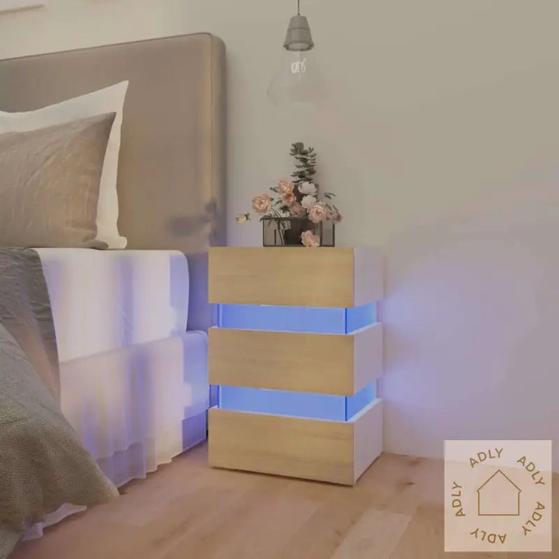 Led-Nattbord Hvit Og Sonoma Eik 45X35X67 Cm Konstruert Tre