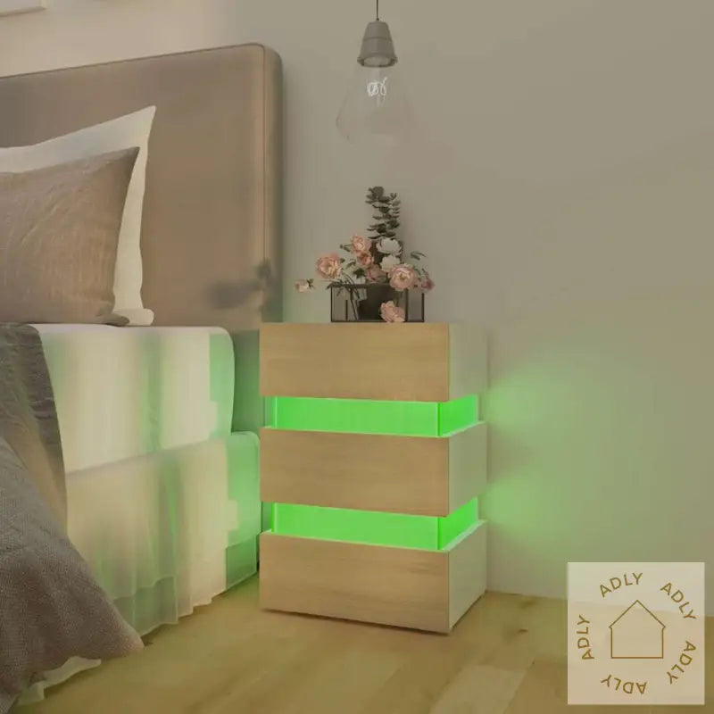 Led-Nattbord Hvit Og Sonoma Eik 45X35X67 Cm Konstruert Tre