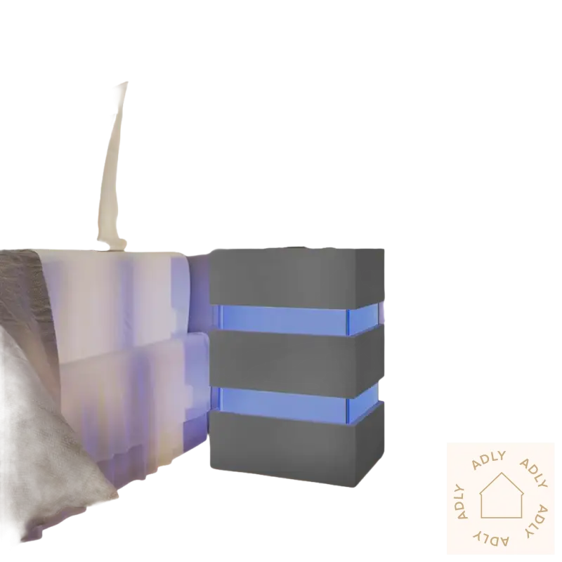 Gray nightstand med blå LED lys fra Dine Møbler, slitesterkt tre, perfekt som led nattbord