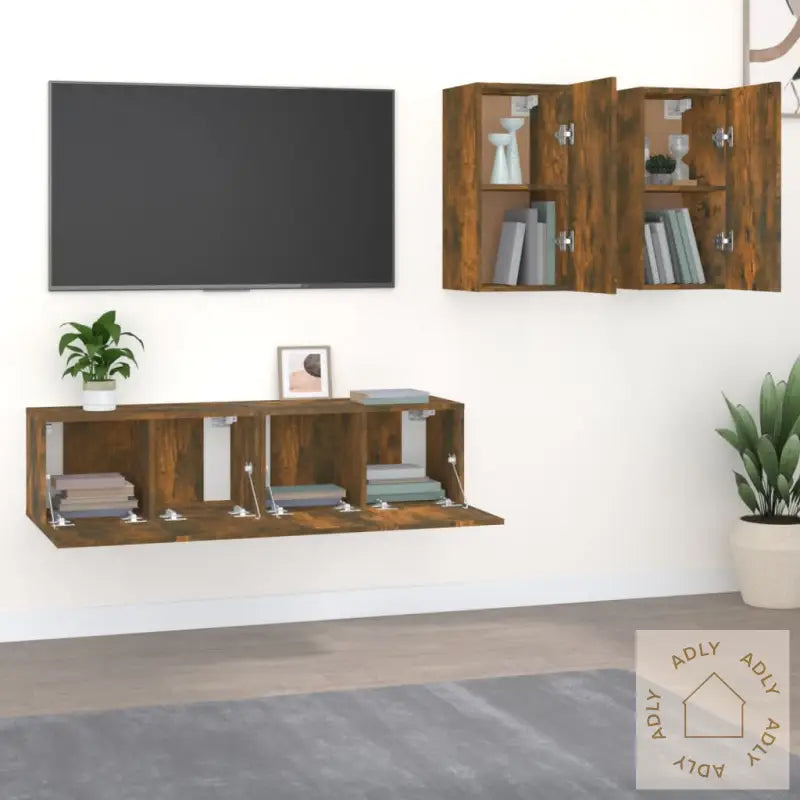 Tv-Skapsett 4 Deler Røkt Eik Konstruert Tre