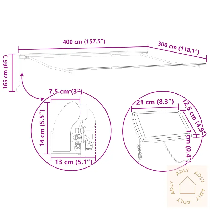 Manuell Uttrekkbar Markise Med Led Svart 400X350 Cm