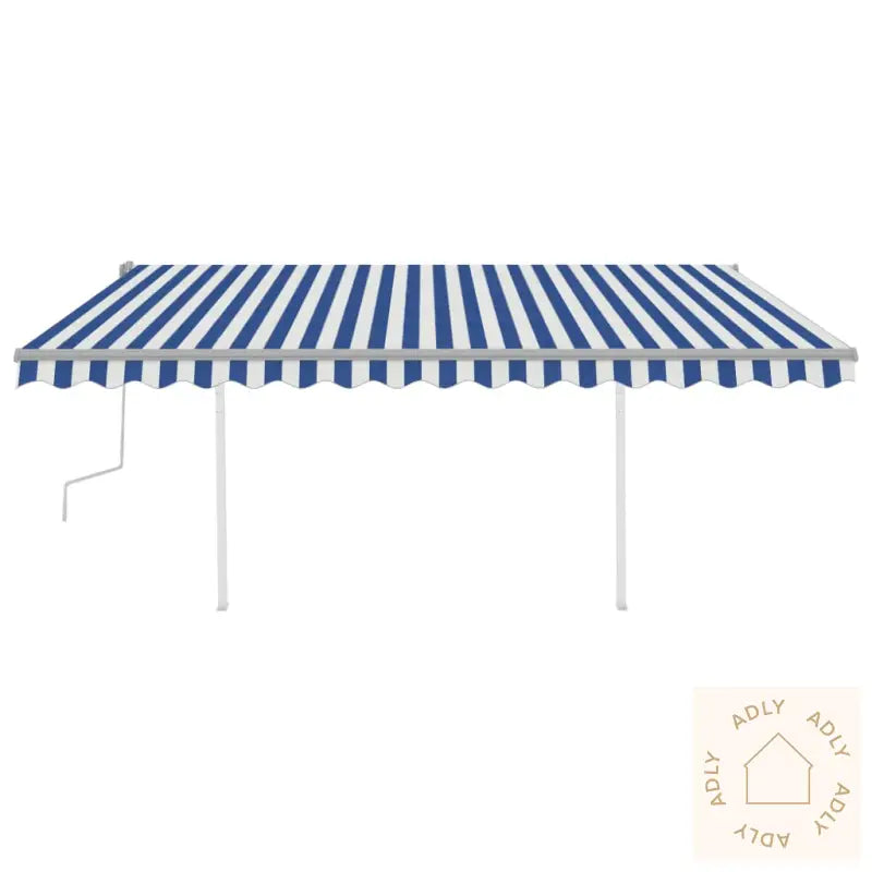 Manuell Uttrekkbar Markise Med Stolper 4,5X3,5 M Blå Og Hvit