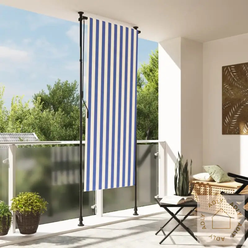 Utendørs Rullegardin Blå Og Hvit 120X270 Cm Stoff Og Stål