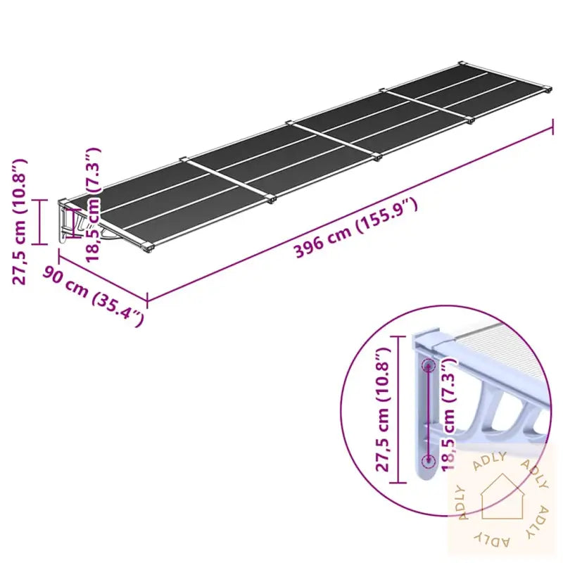 Skjermtak Grå Og Gjennomsiktig 396X90 Cm Polykarbonat