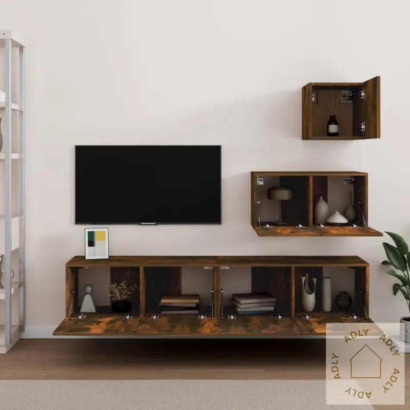 Tv-Skapsett 4 Deler Røkt Eik Konstruert Tre