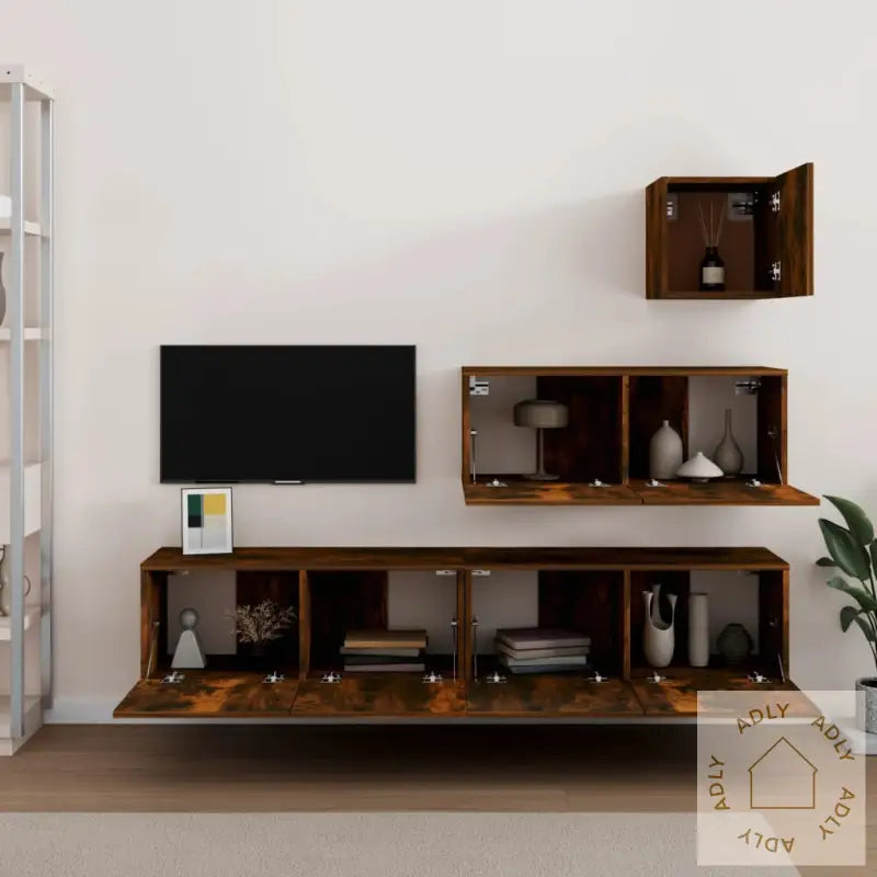 Tv-Skapsett 4 Deler Røkt Eik Konstruert Tre