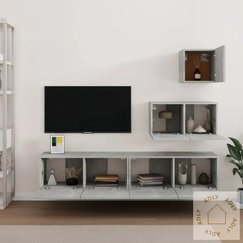 Tv-Skapsett 4 Deler Betonggrå Konstruert Tre