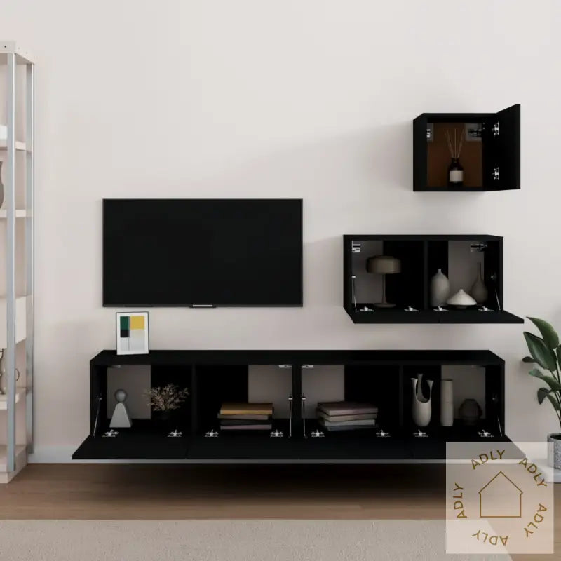 Tv-Skapsett 4 Deler Svart Konstruert Tre