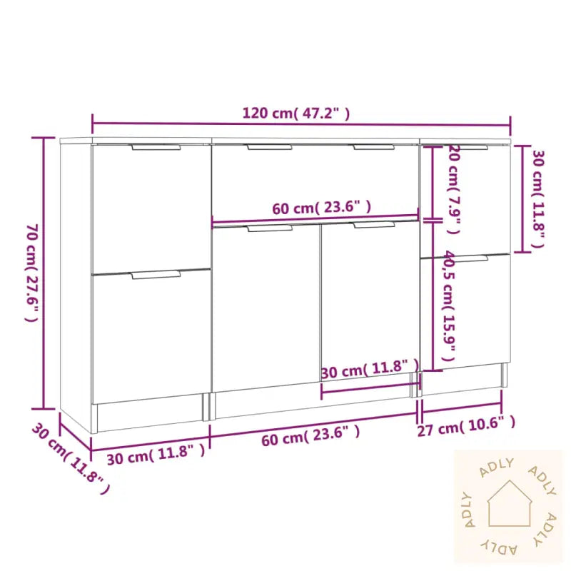 Skjenker 3 Stk Betonggrå Konstruert Tre