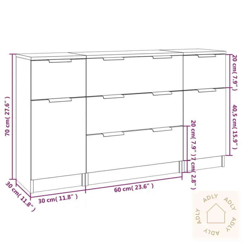 Skjenksett 3 Stk Betonggrå Konstruert Tre