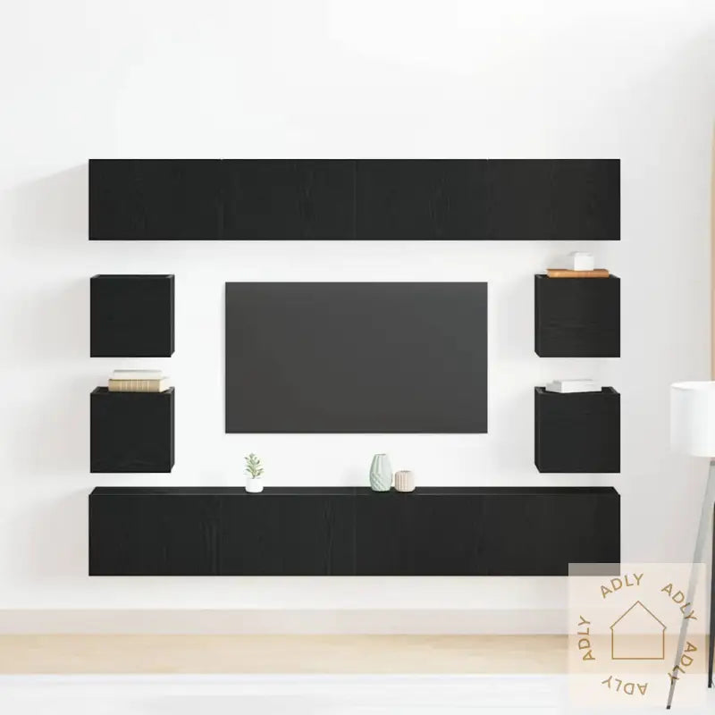 6-Delt Tv-Skapsett - Veggmontert, Svart Eikefiner