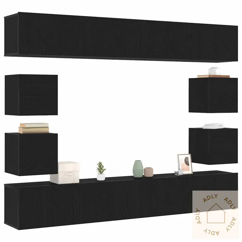 6-Delt Tv-Skapsett - Veggmontert, Svart Eikefiner
