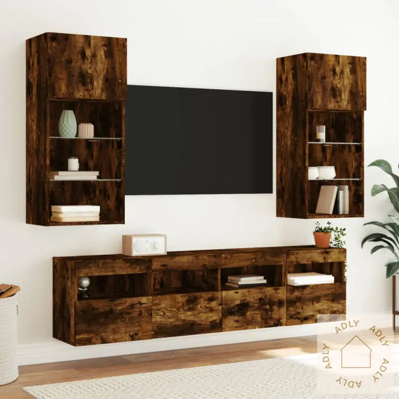 Vegghengt Tv-Benk Med Led-Lys Røkt Eik 40X30X40 Cm