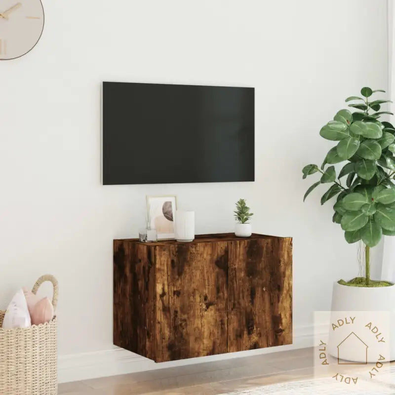 Vegghengt Tv-Benk Med Led Røkt Eik 60X35X41 Cm