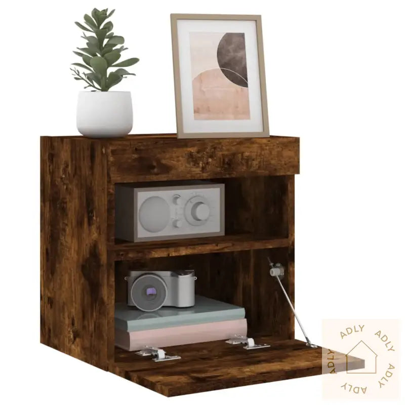 Vegghengt Tv-Benk Med Led-Lys Røkt Eik 40X30X40 Cm