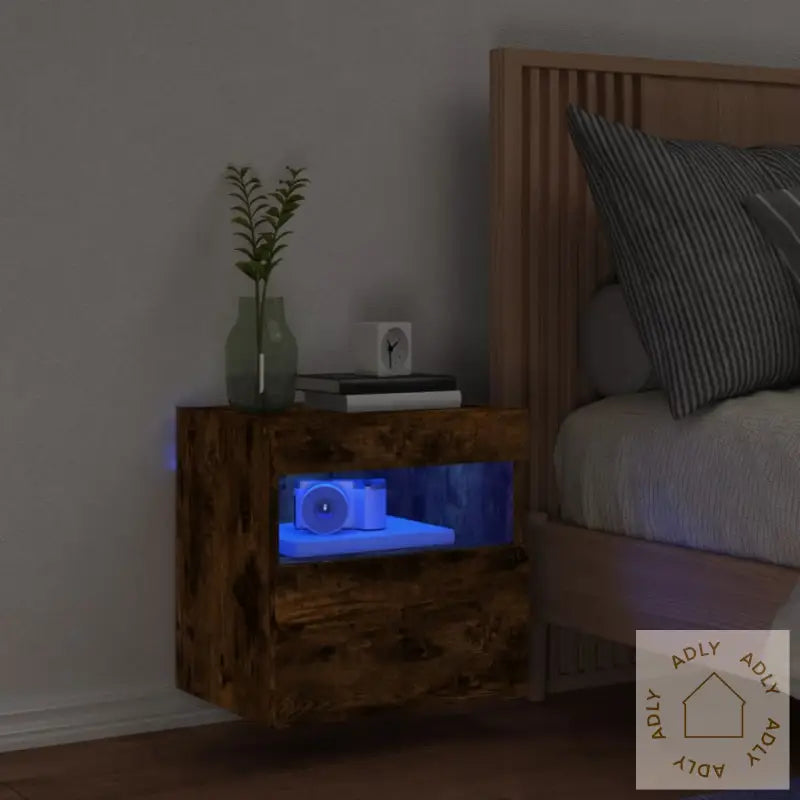Vegghengt Tv-Benk Med Led-Lys Røkt Eik 40X30X40 Cm