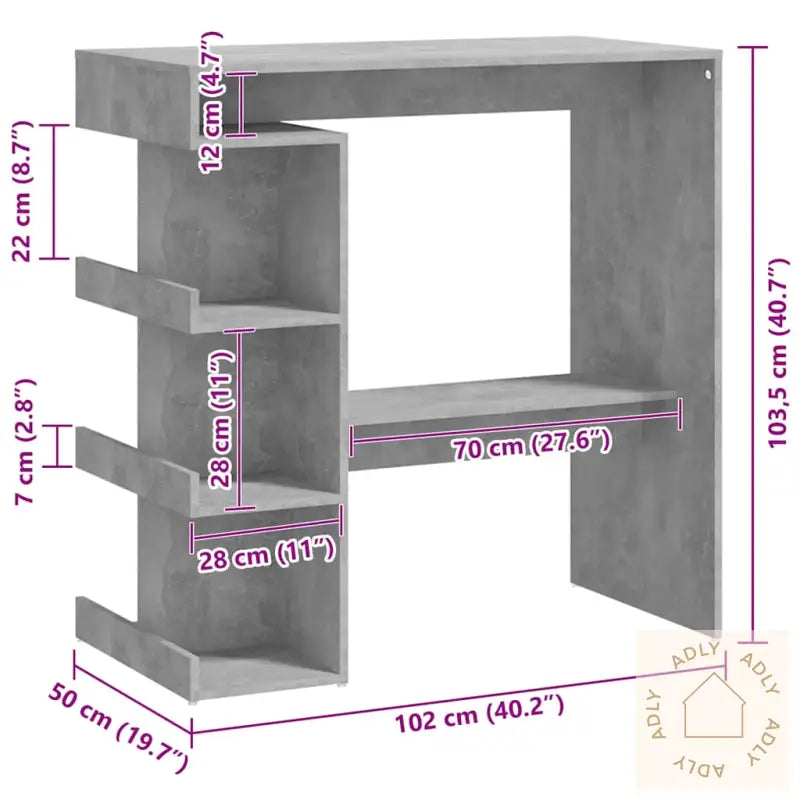 Barbord Med Oppbevaring Betonggrå 100X50X101,5Cm Konstruert Tre
