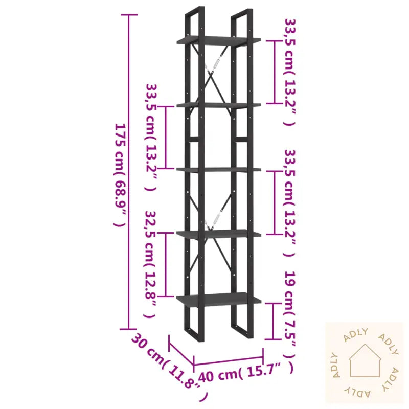 Bokhylle 5 Etasjer Grå 40X30X175 Cm Heltre Furu