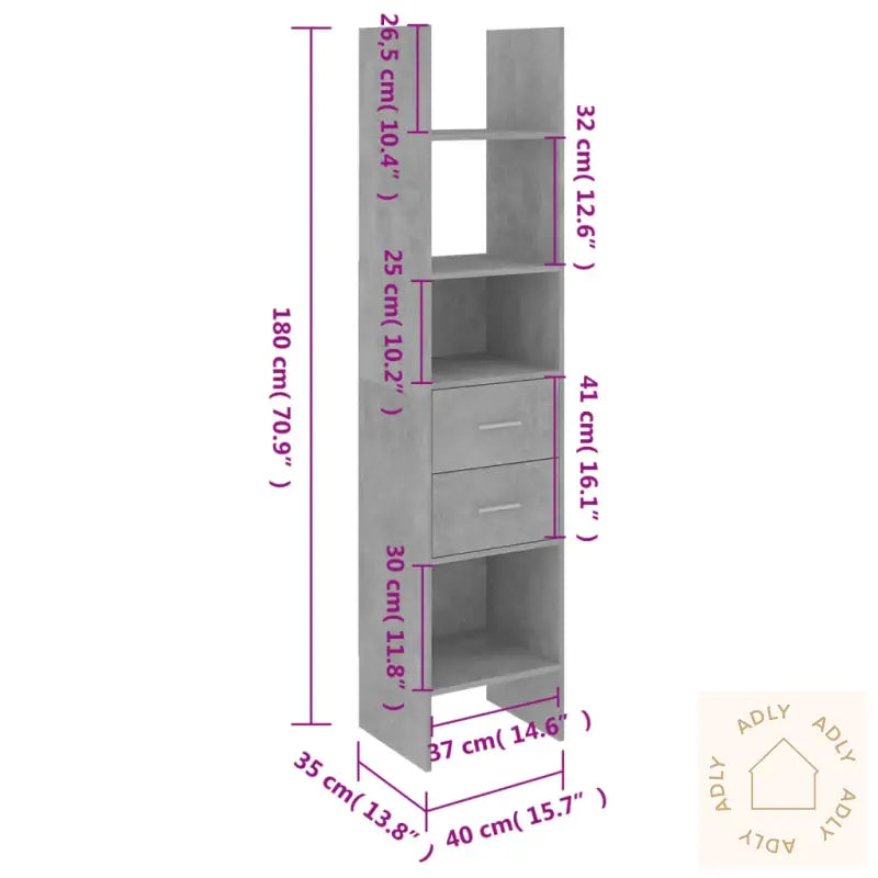 Bokhylle Betonggrå 40X35X180 Cm Konstruert Tre