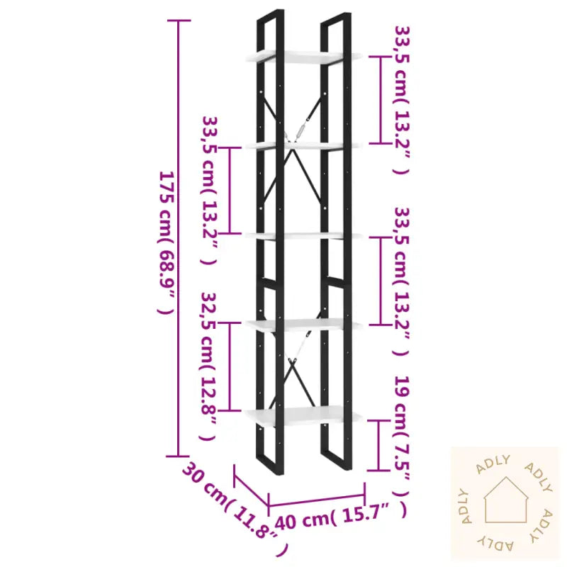 Bokhylle 5 Nivåer Hvit 40X30X175 Cm Konstruert Tre