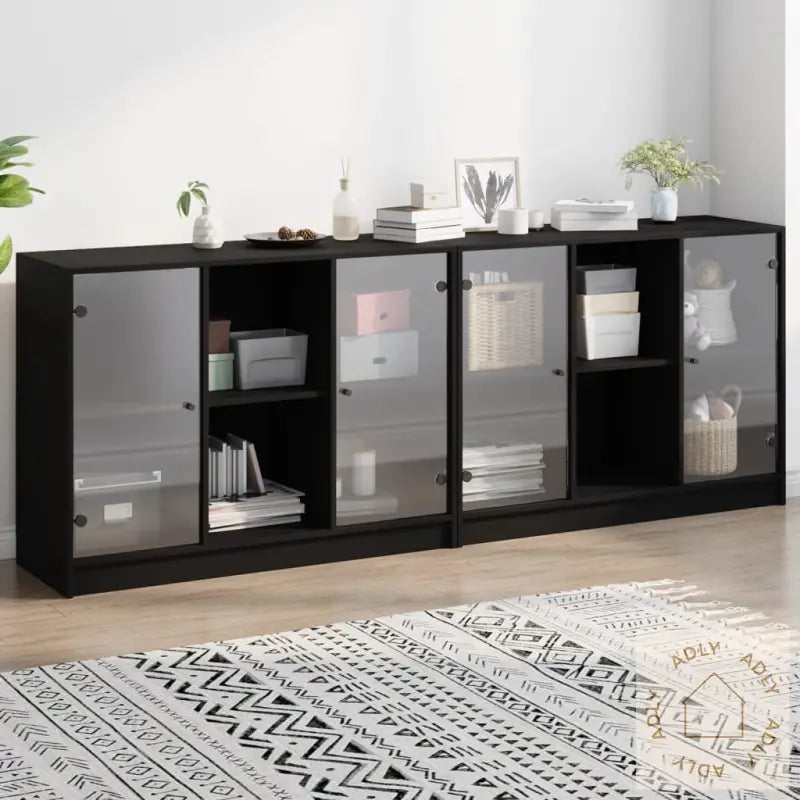 Bokhylle Med Dører Svart 204X37X75 Cm Konstruert Tre