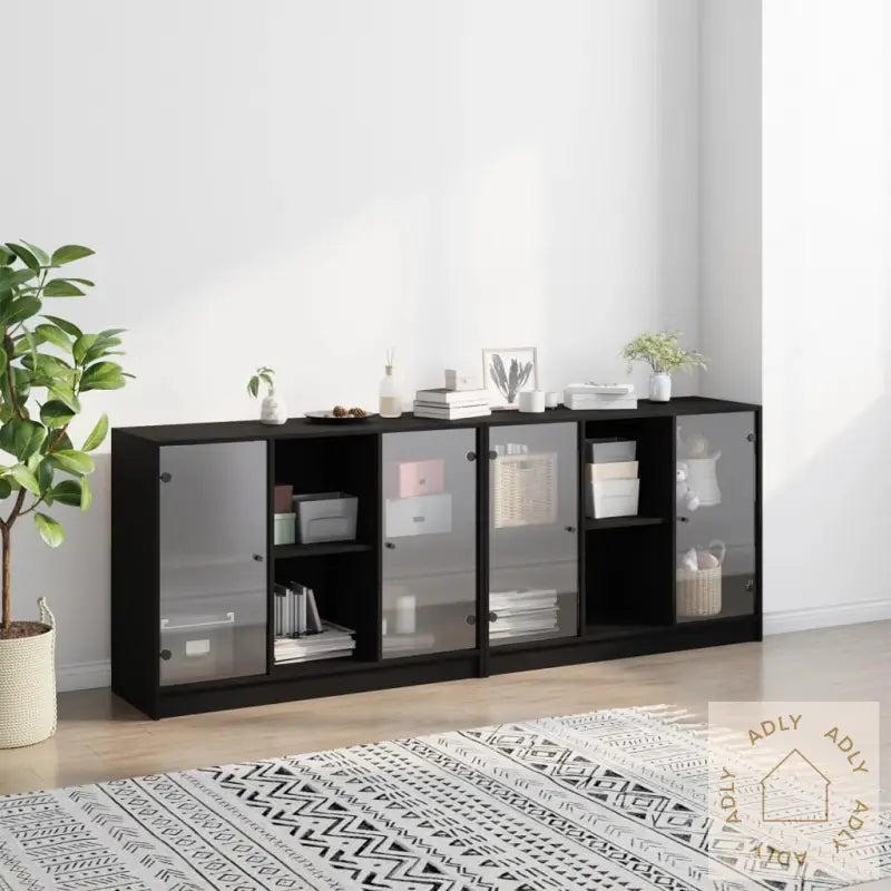 Bokhylle Med Dører Svart 204X37X75 Cm Konstruert Tre