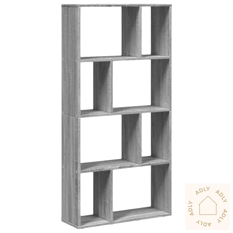Gray wooden moderne bokhylle med flere rom, perfekt som smart oppbevaring i stua