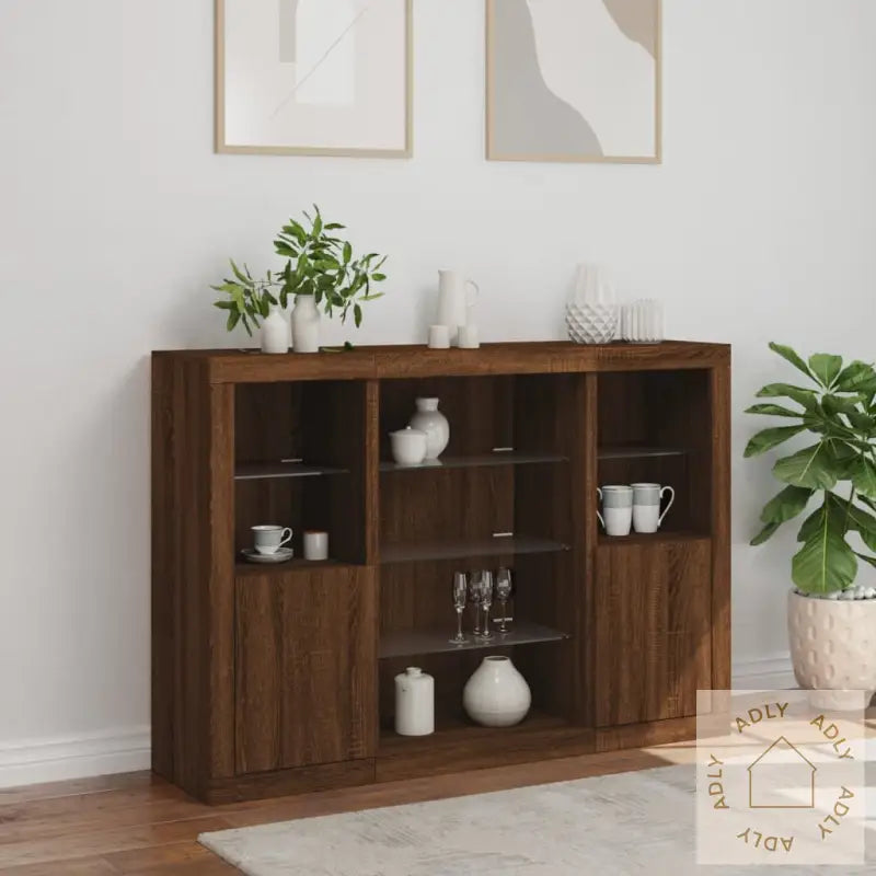 Skjenker Med Led-Lys 3 Stk Brun Eik Konstruert Tre