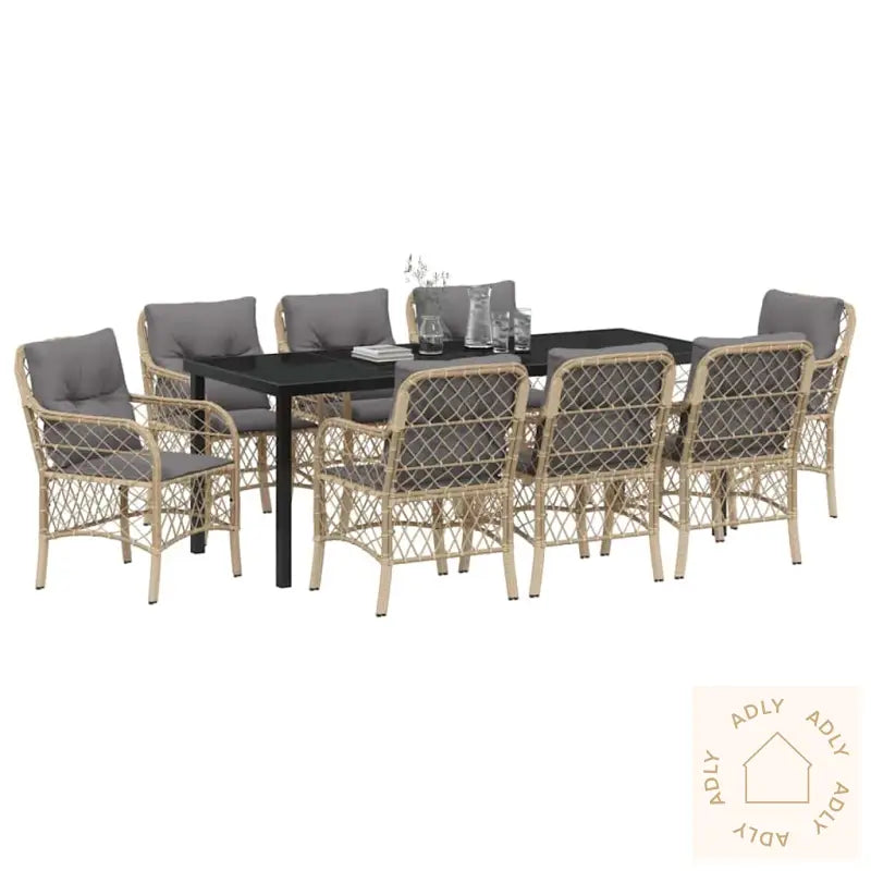 9-Personers Hage Spisebord Sett Med Puter Beige Poly Rattan