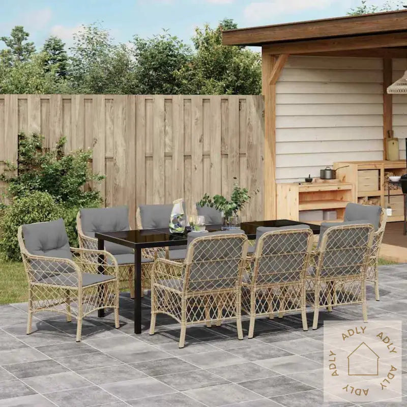 9-Personers Hage Spisebord Sett Med Puter Beige Poly Rattan