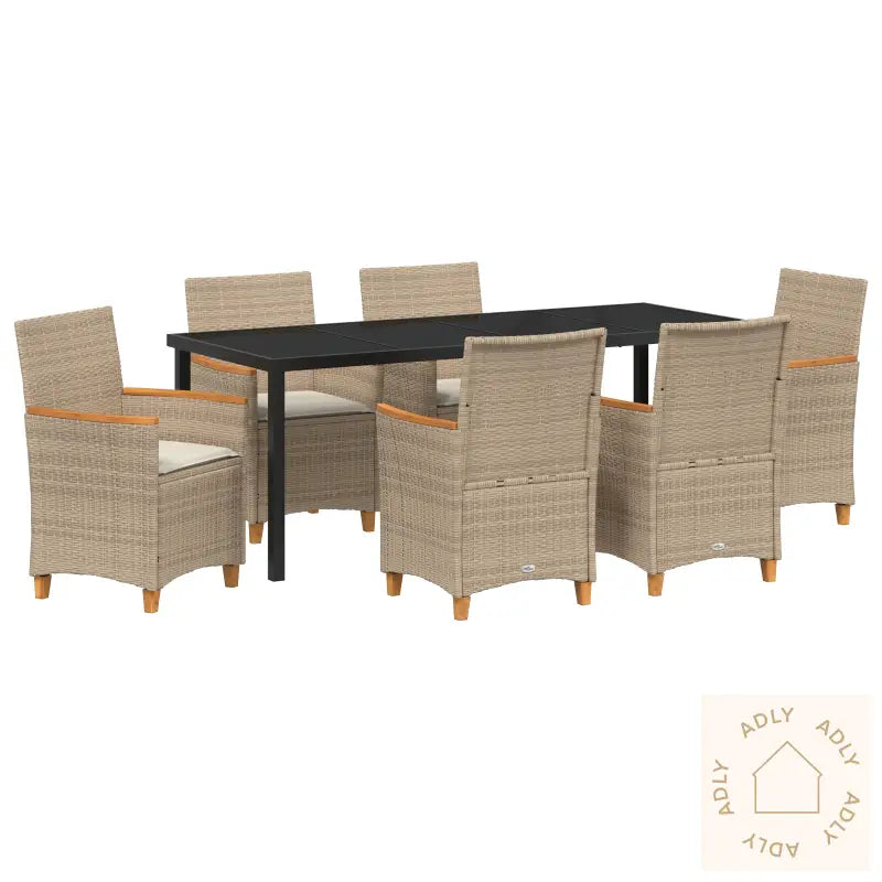 7-Delt Hage Spisebord Sett Med Puter I Beige Poly Rattan