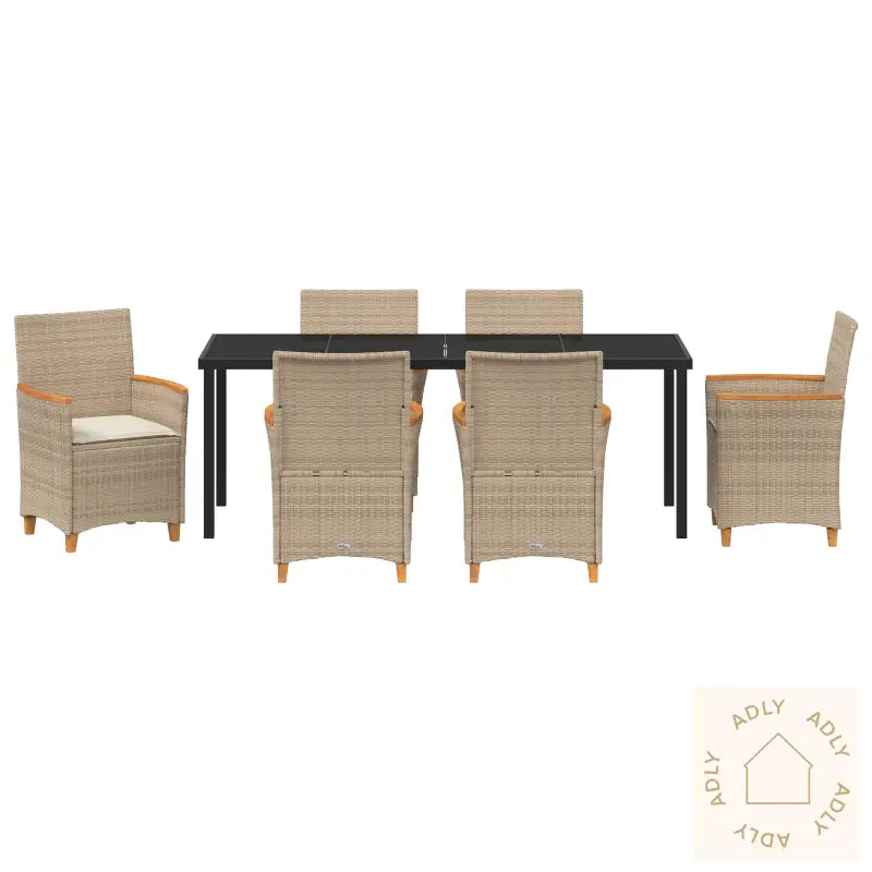 7-Delt Hage Spisebord Sett Med Puter I Beige Poly Rattan