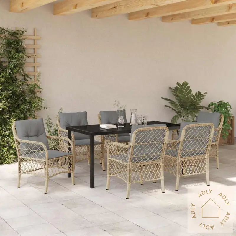 7-Delt Hage Spisesett Med Puter Beige Poly Rattan