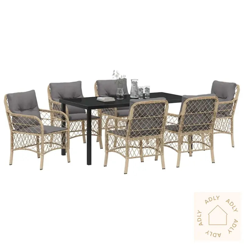 7-Delt Hage Spisesett Med Puter Beige Poly Rattan