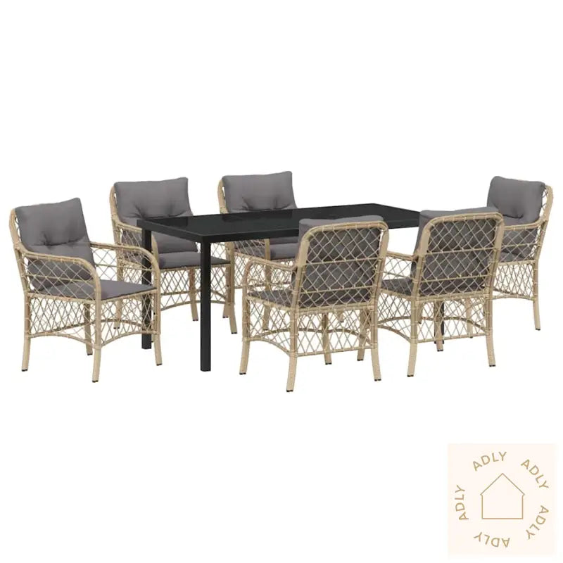7-Delt Hage Spisesett Med Puter Beige Poly Rattan
