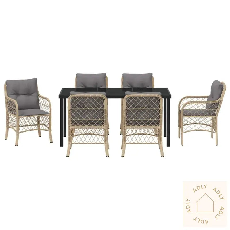 7-Delt Hage Spisesett Med Puter Beige Poly Rattan