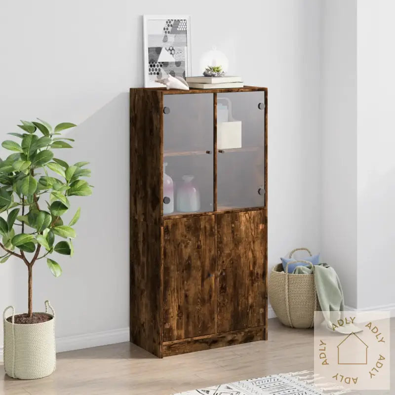 Highboard Med Dører Røkt Eik 68X37X142 Cm Konstruert Tre
