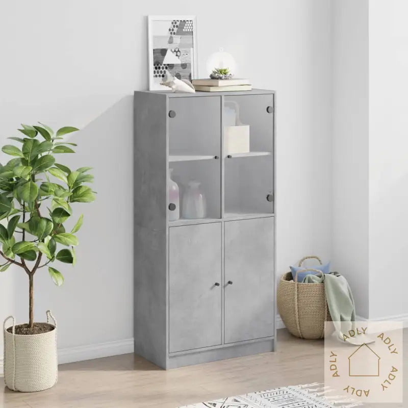 Highboard Med Dører Betonggrå 68X37X142 Cm Konstruert Tre