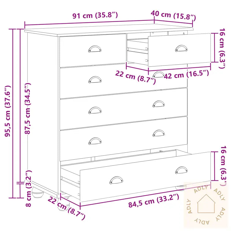 Kommode &quot;Askim&quot; Hvit 91X40X95,5 Cm Solid Tre Furu