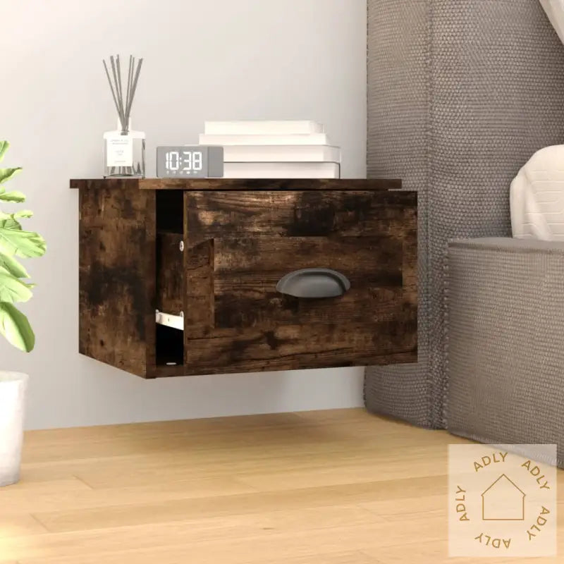 Veggmonterte Nattbord 2 Stk Røkt Eik 41,5X36X28 Cm
