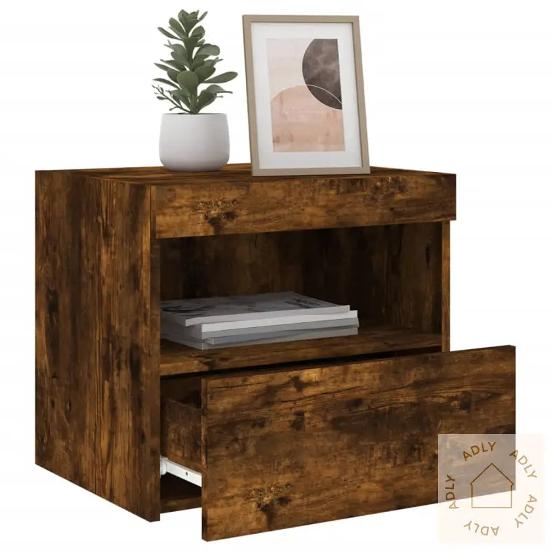 Nattbord Med Led 2 Stk Røkt Eik 50X40X45 Cm