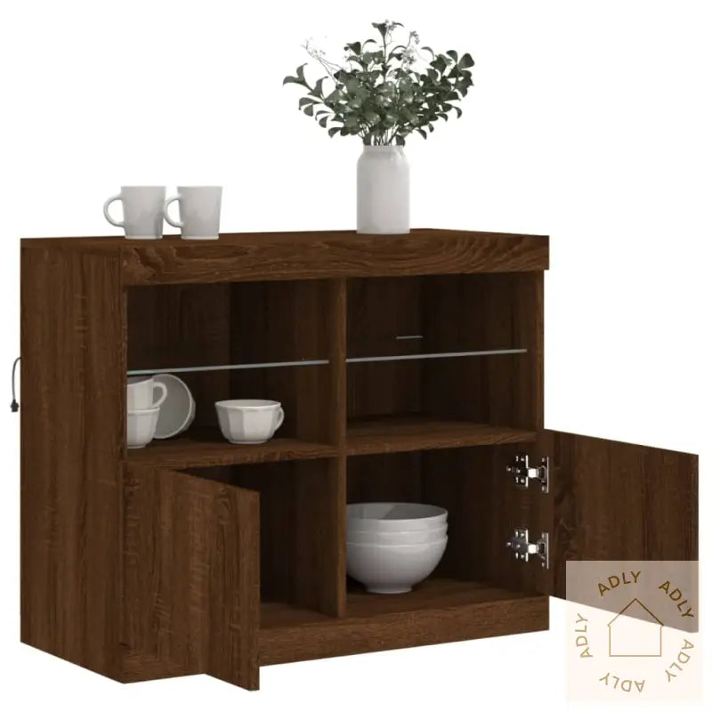 Skjenk Med Led-Lys Brun Eik 81X37X67 Cm