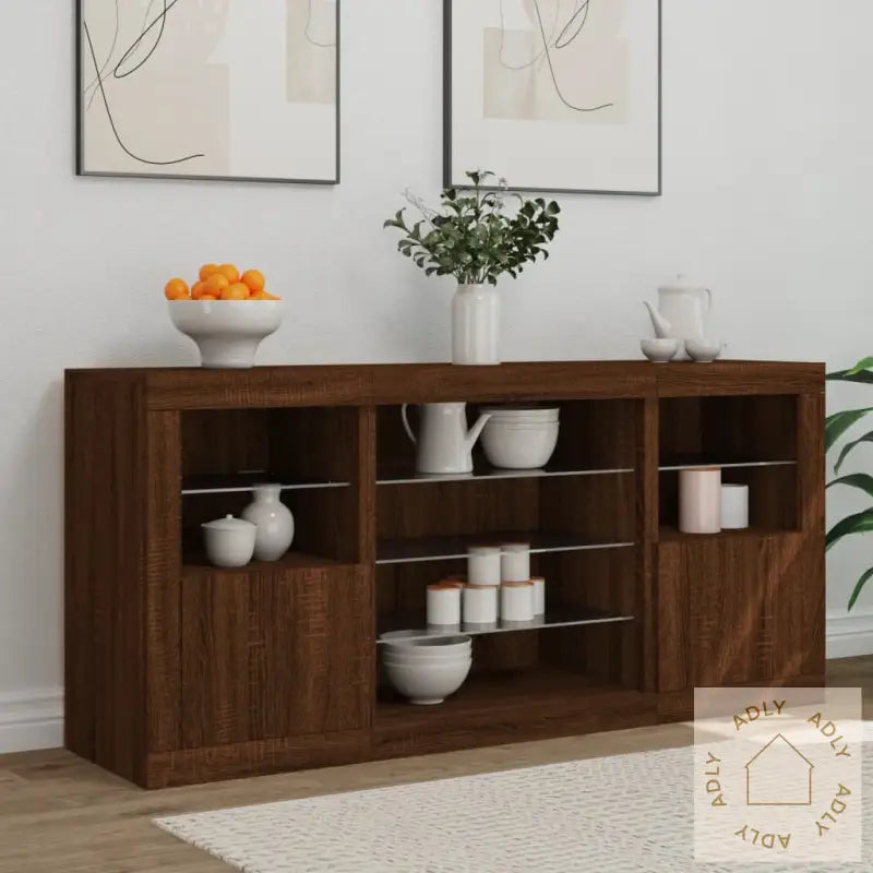 Skjenk Med Led-Lys Brun Eik 142,5X37X67 Cm