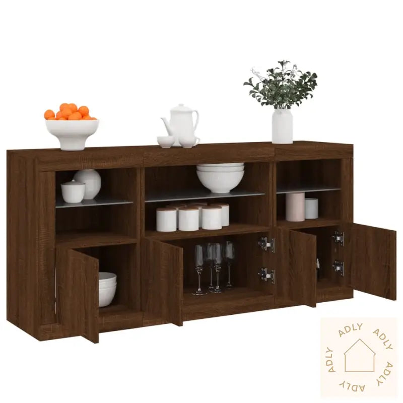 Skjenk Med Led-Lys Brun Eik 142,5X37X67 Cm