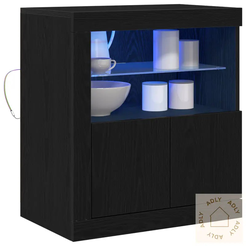 Sideboard Med Led-Lamper Svart Eik 60,5X37X67 Cm