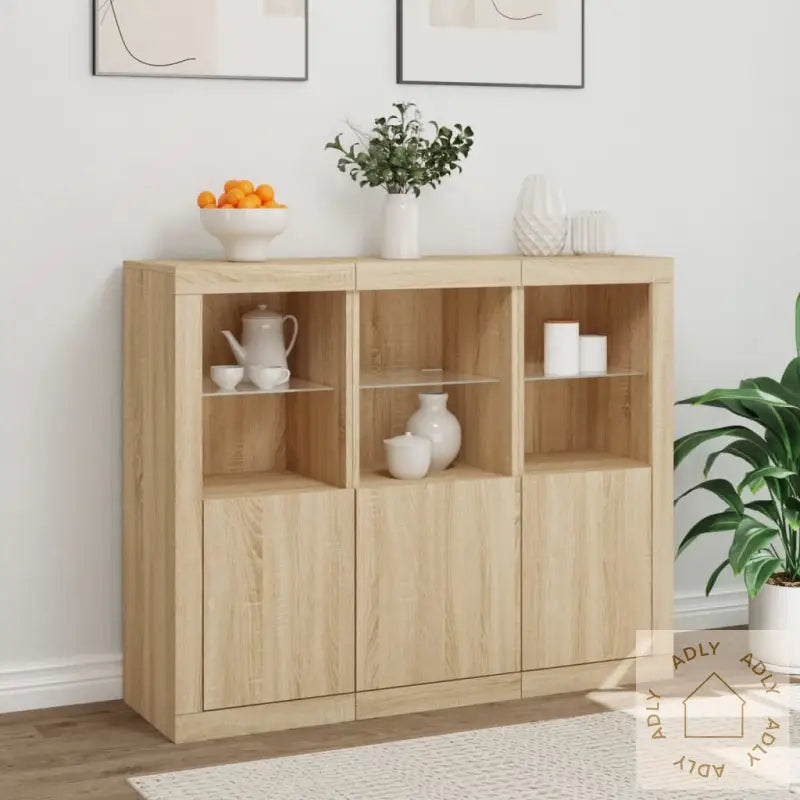 Skjenker Med Led-Lys 3 Stk Sonoma Eik Konstruert Tre