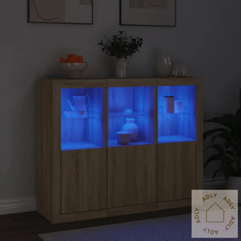 Skjenker Med Led-Lys 3 Stk Sonoma Eik Konstruert Tre