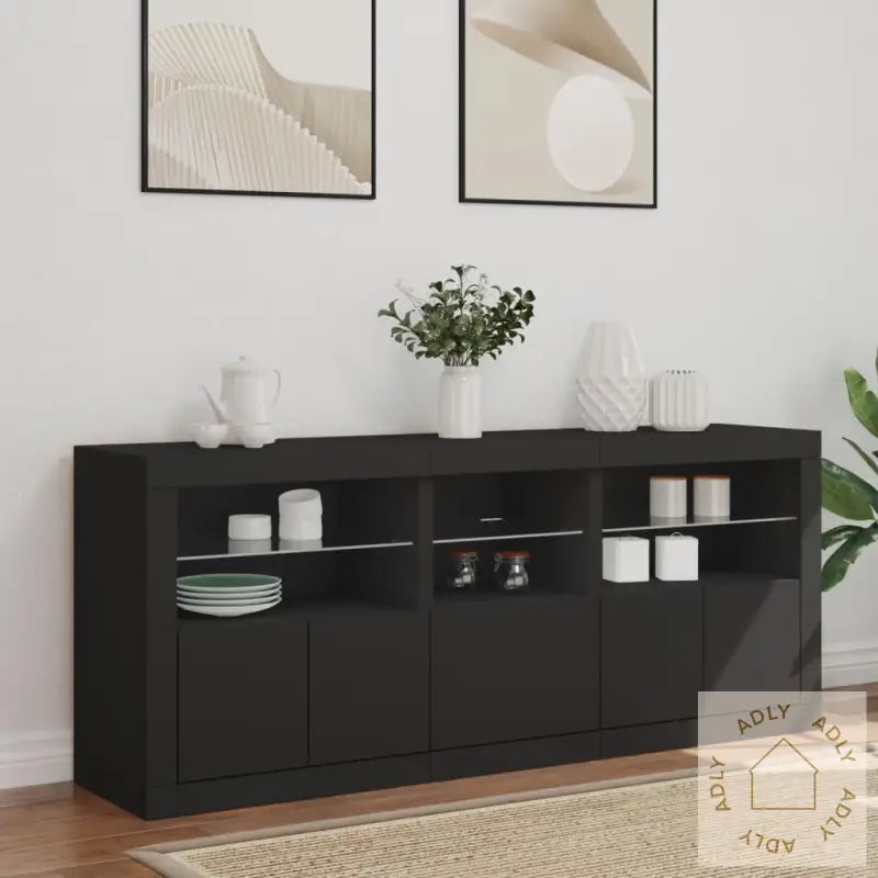 Skjenk Med Led-Lys Svart 162X37X67 Cm